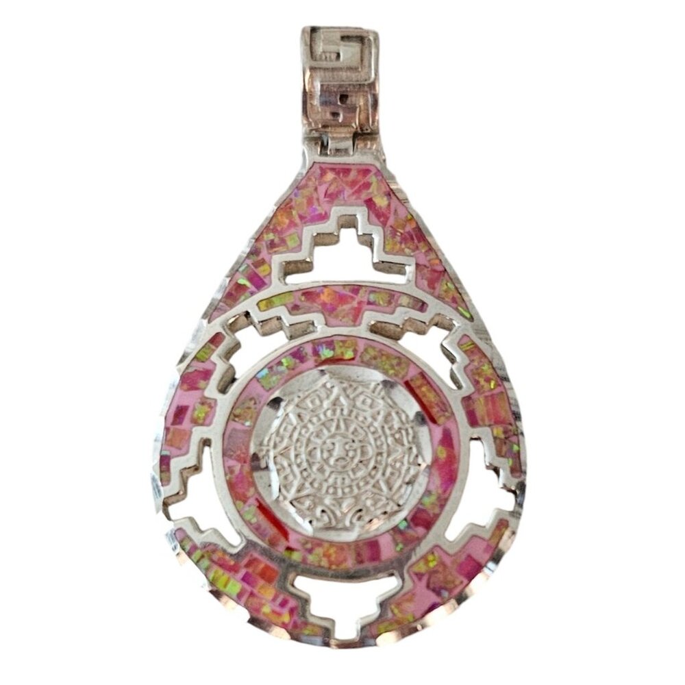 Taxco Cardenas Hinged Pink Enamel Pendant, 950 Silver, Aztec Calendar Style L479
